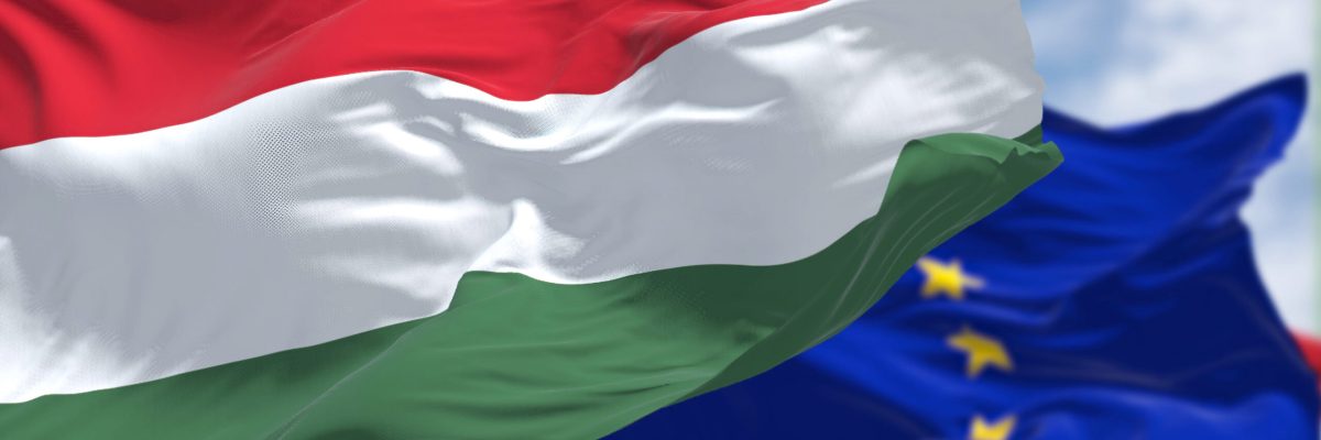 Detail of the national flag of Hungary waving in the wind with blurred european union flag in the background on a clear day. Democracy and politics. European country. Selective focus.